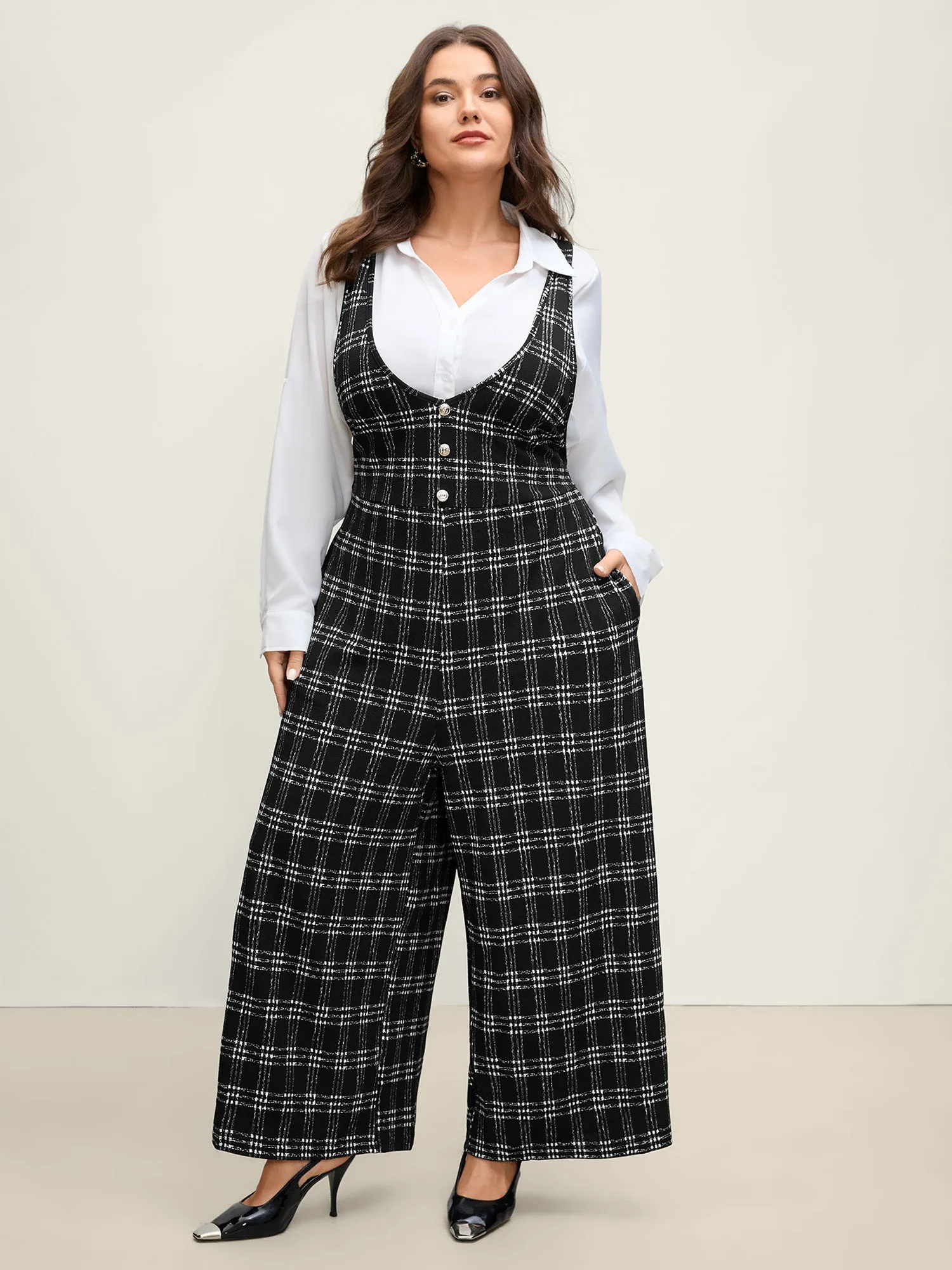Plaid Print Overall Straps Wide-Leg Jumpsuit sold by Bloomchic product image thumbnail 3