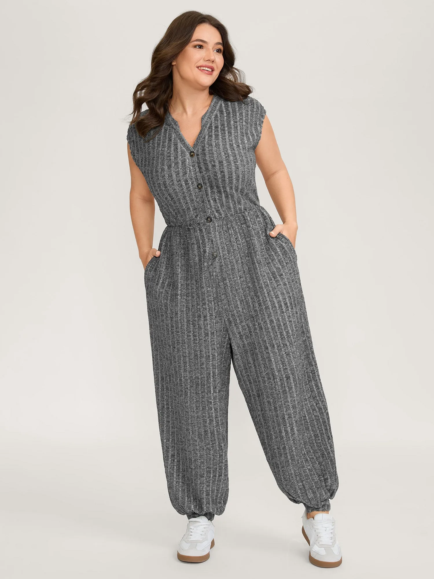 Supersoft Textured Notched Collar Jumpsuit sold by Bloomchic