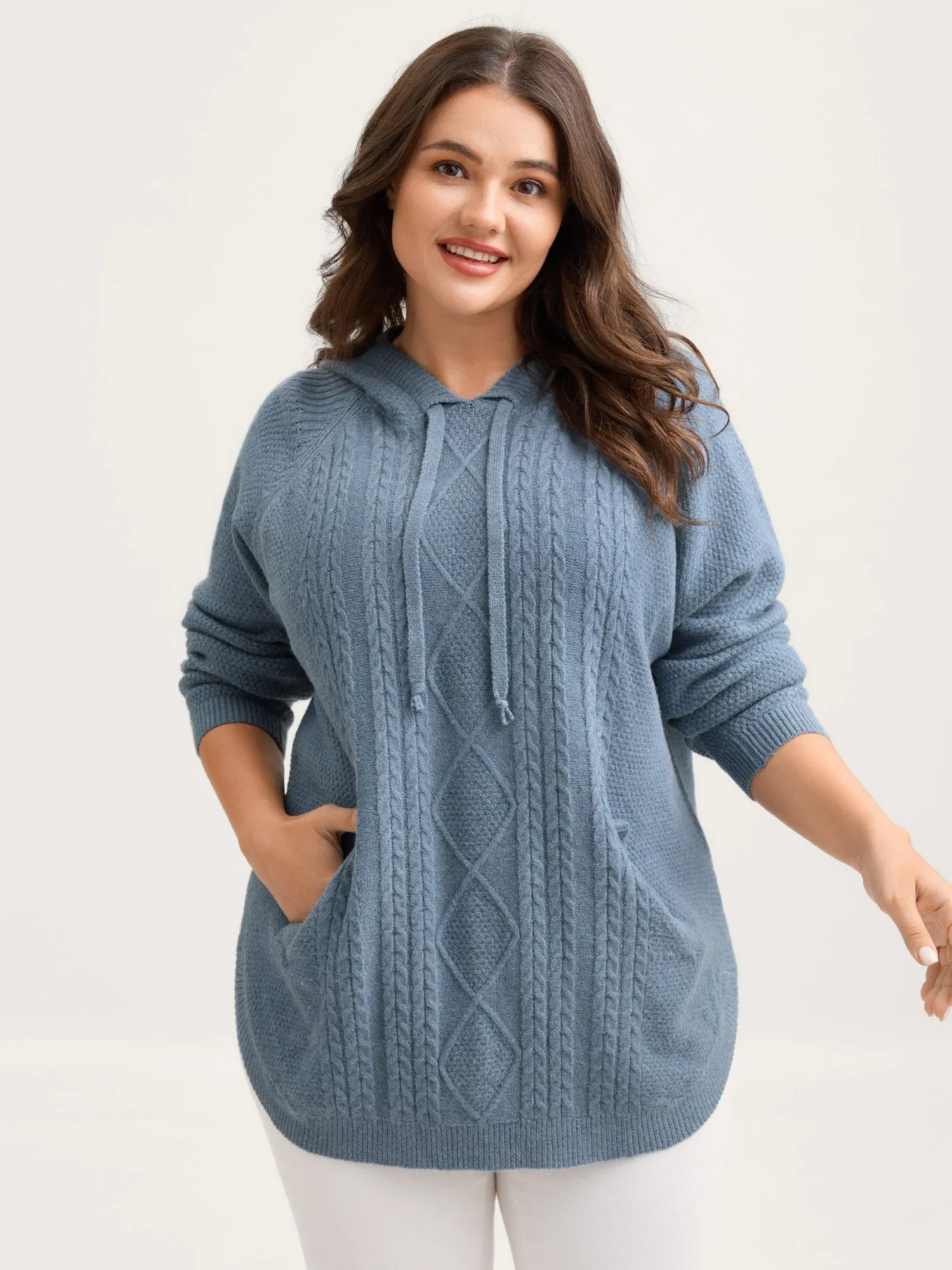Cable Knit Curvy Hem Hooded Pullover sold by Bloomchic