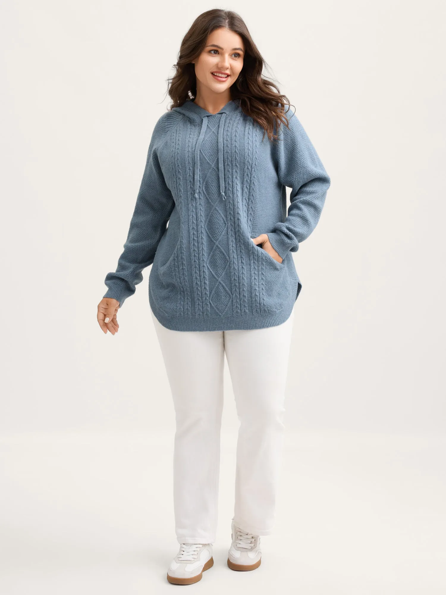 Cable Knit Curvy Hem Hooded Pullover sold by Bloomchic product image thumbnail 3