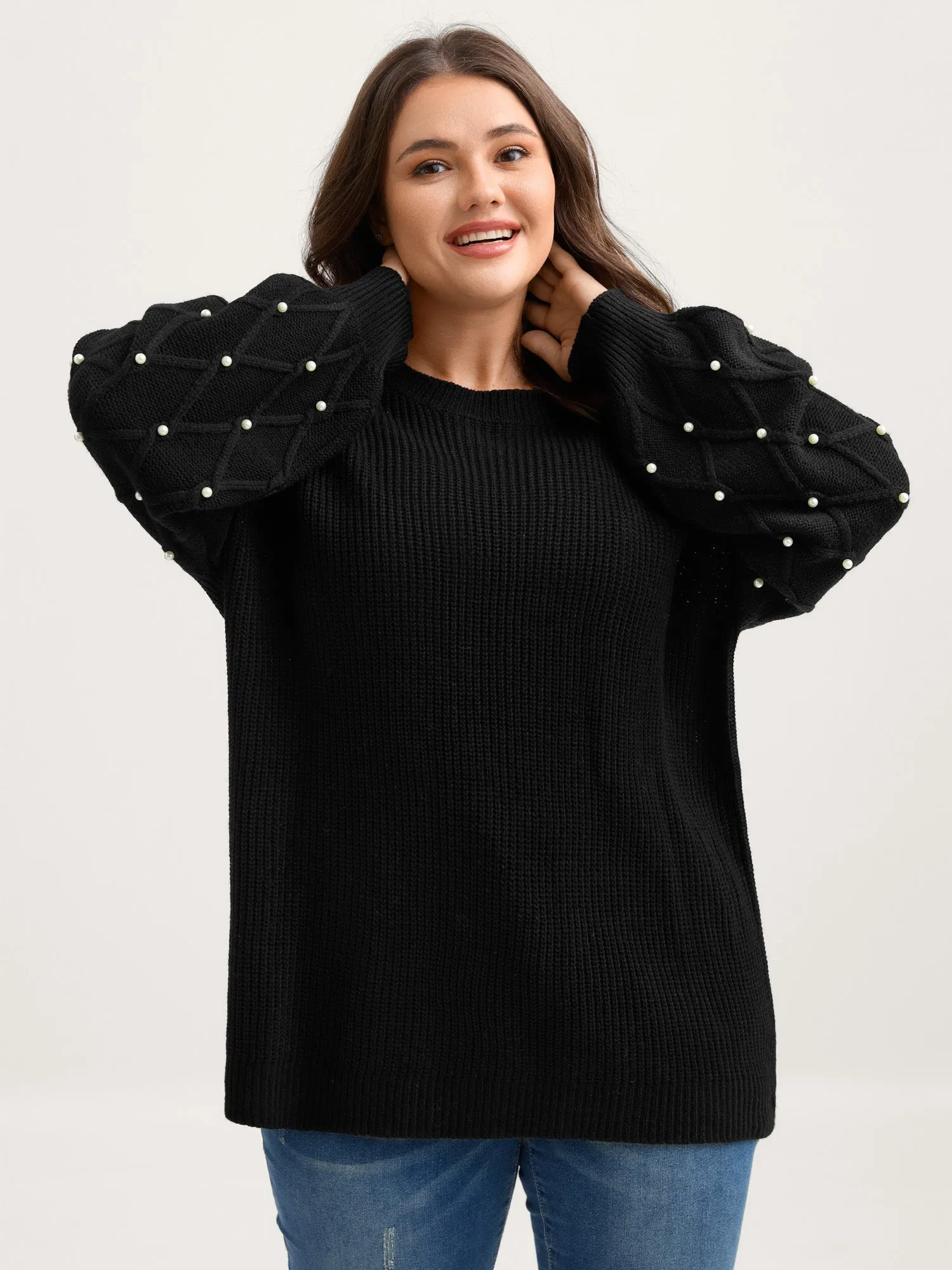 Textured Pearl Detail Drop Shoulder Pullover sold by Bloomchic
