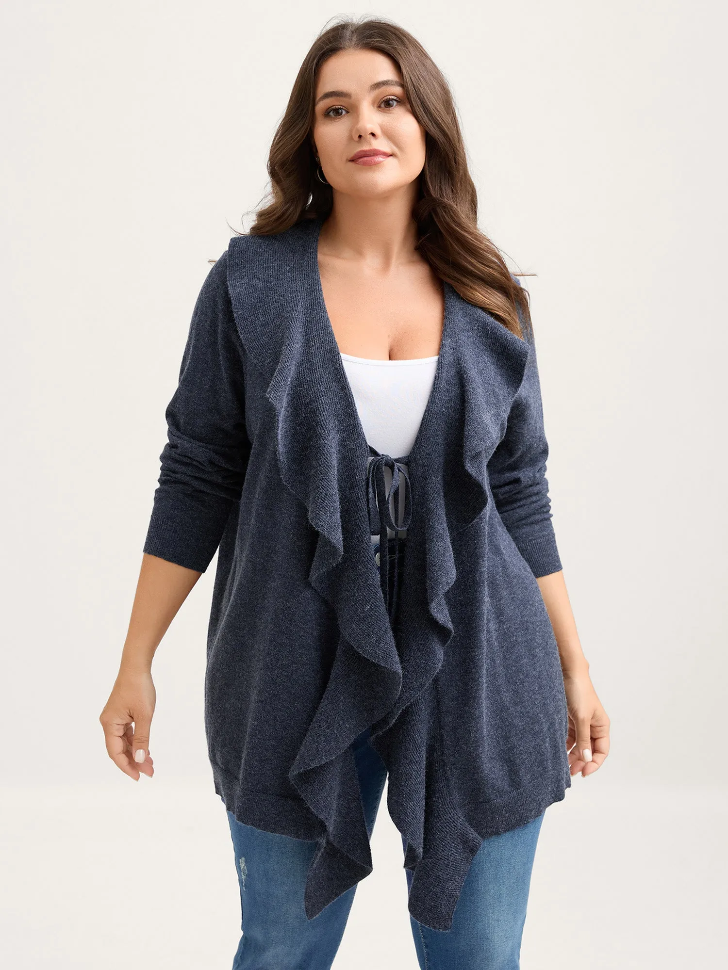 Ruffled Collar Front-Tie Knit Cardigan sold by Bloomchic
