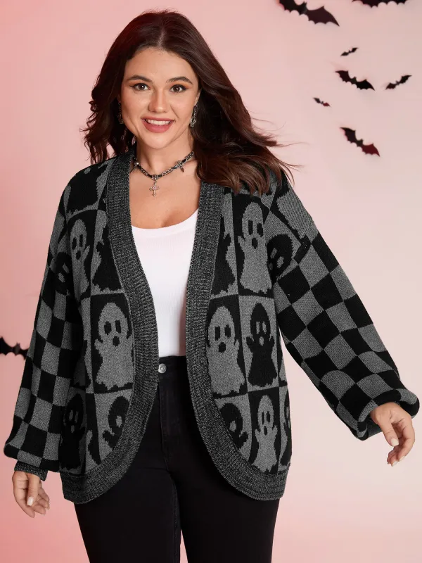 Ghost Checkered Jacquard Arc Swing Cardigan sold by Bloomchic