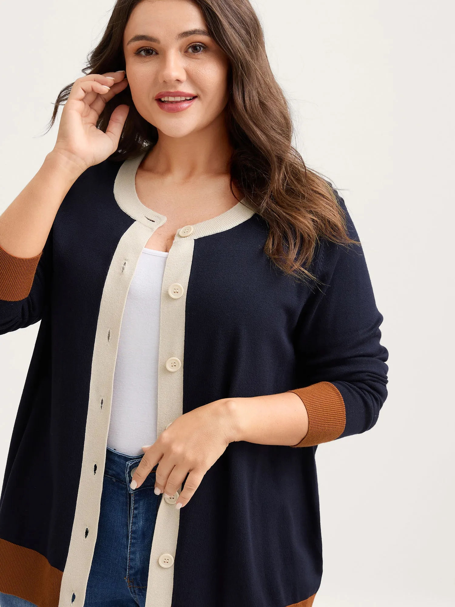 Supersoft Color Contrast Button-Down Knit Cardigan sold by Bloomchic