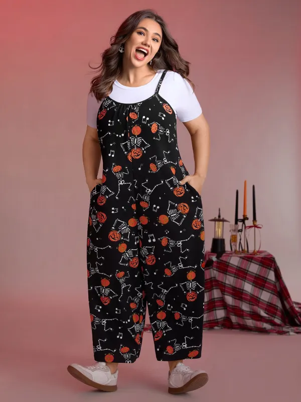 Pumpkin Skeleton Print Cami Sleep Jumpsuit sold by Bloomchic
