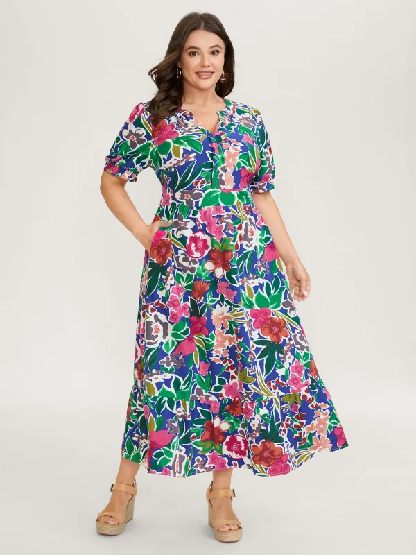 Vibrant Floral Print Notched Collar Maxi Dress sold by Bloomchic