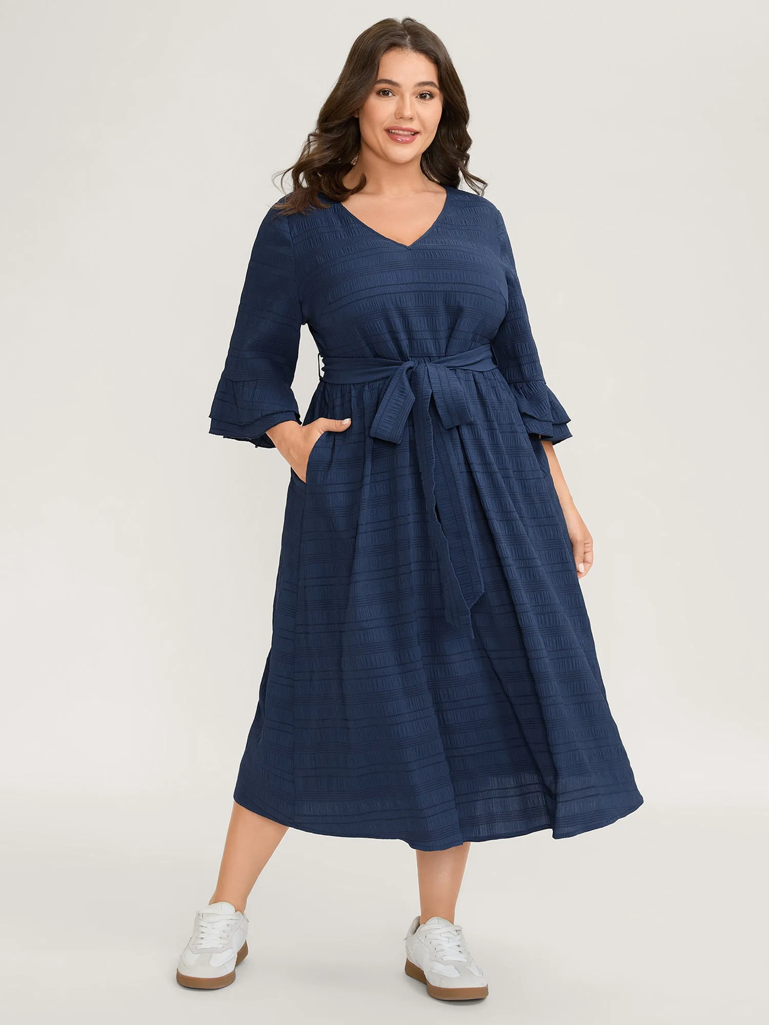 Textured Layered Ruffled Sleeve Belted Midi Dress sold by Bloomchic product image thumbnail 3