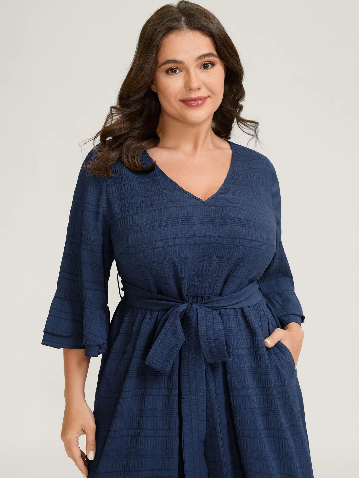 Textured Layered Ruffled Sleeve Belted Midi Dress sold by Bloomchic product image thumbnail 2