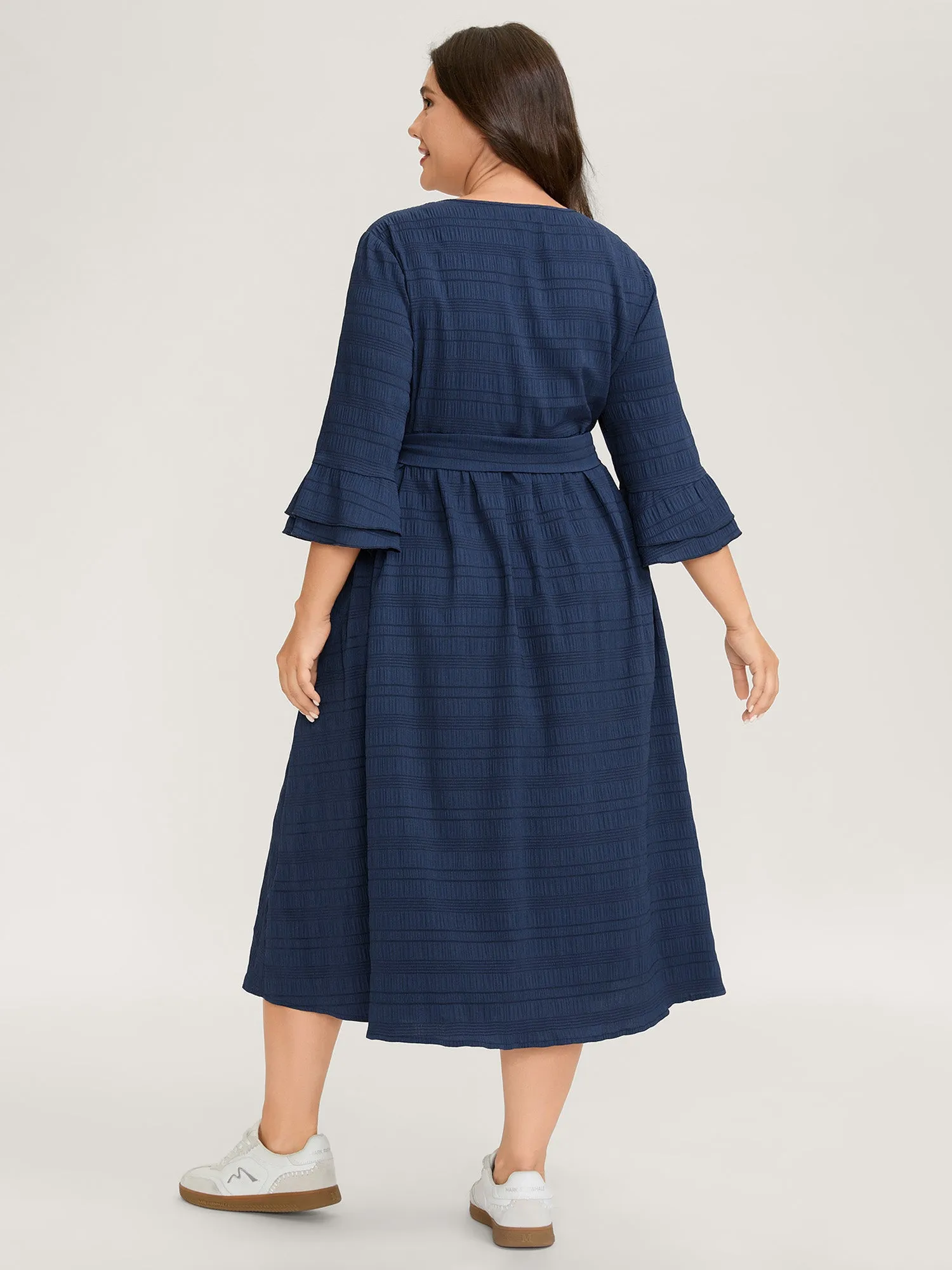 Textured Layered Ruffled Sleeve Belted Midi Dress sold by Bloomchic product image thumbnail 4