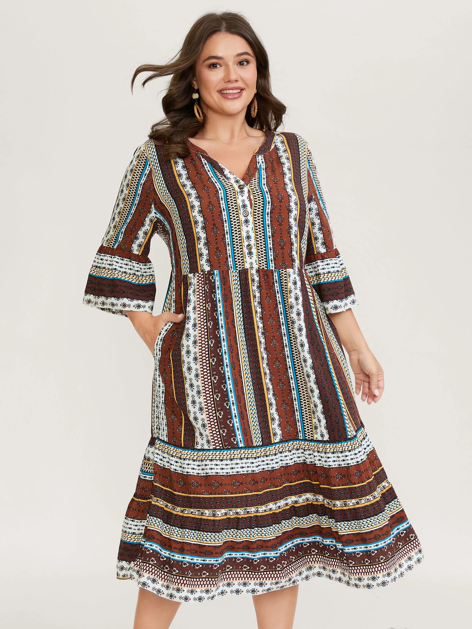 Boho Stripes Tiered Midi Dress sold by Bloomchic