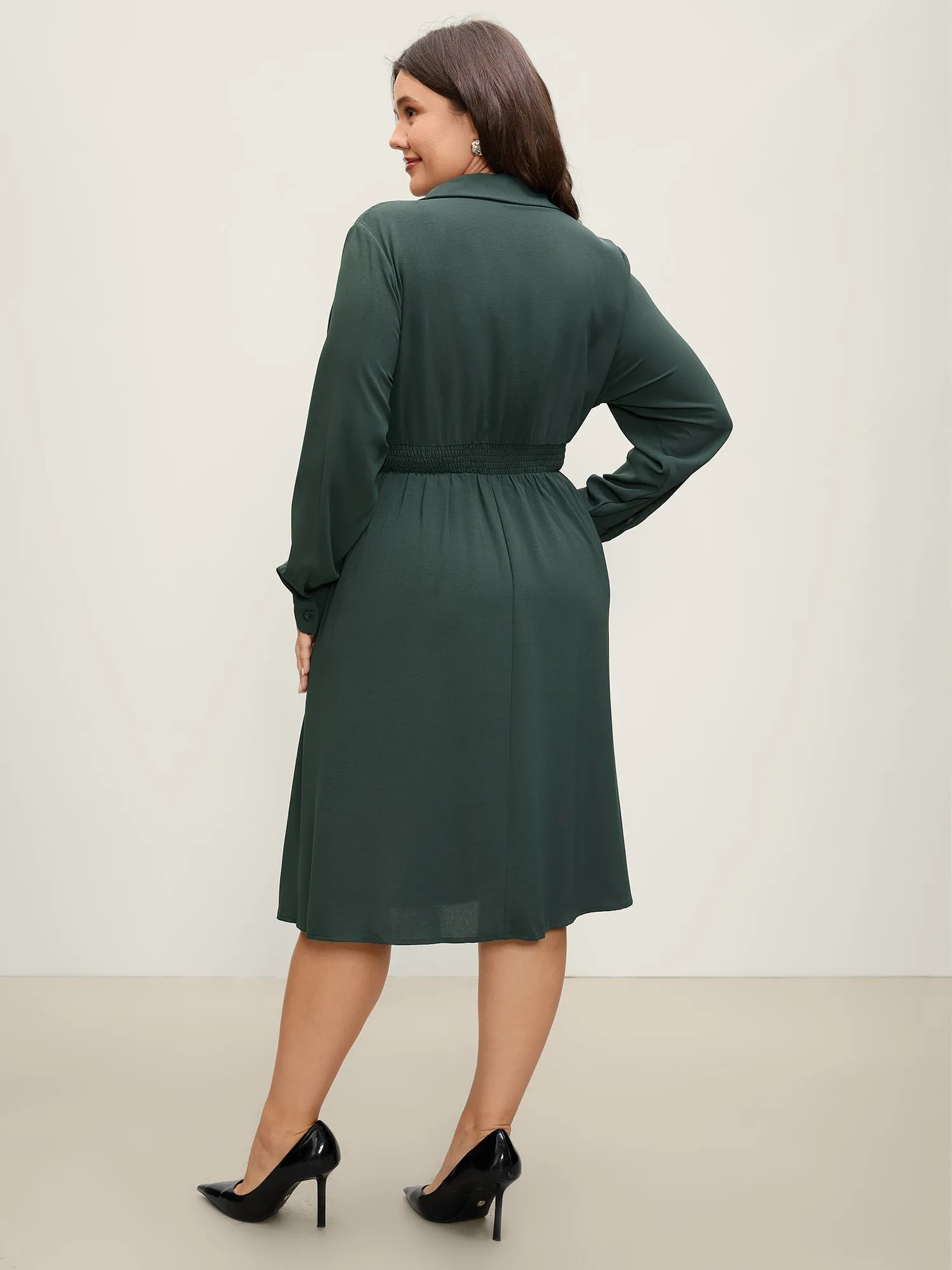 Ring Buckle Cinched-Waist Shirred Midi Dress sold by Bloomchic product image thumbnail 4