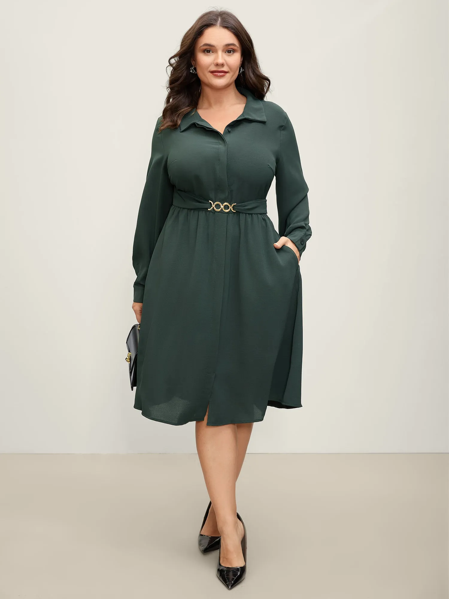 Ring Buckle Cinched-Waist Shirred Midi Dress sold by Bloomchic product image thumbnail 3