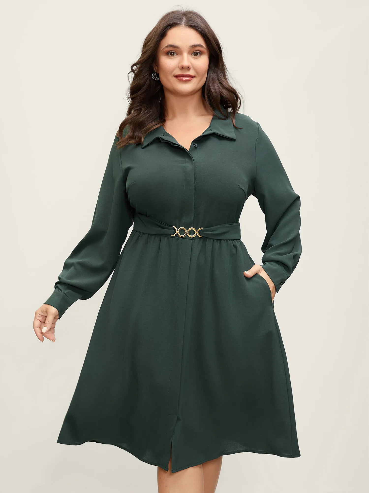 Ring Buckle Cinched-Waist Shirred Midi Dress sold by Bloomchic