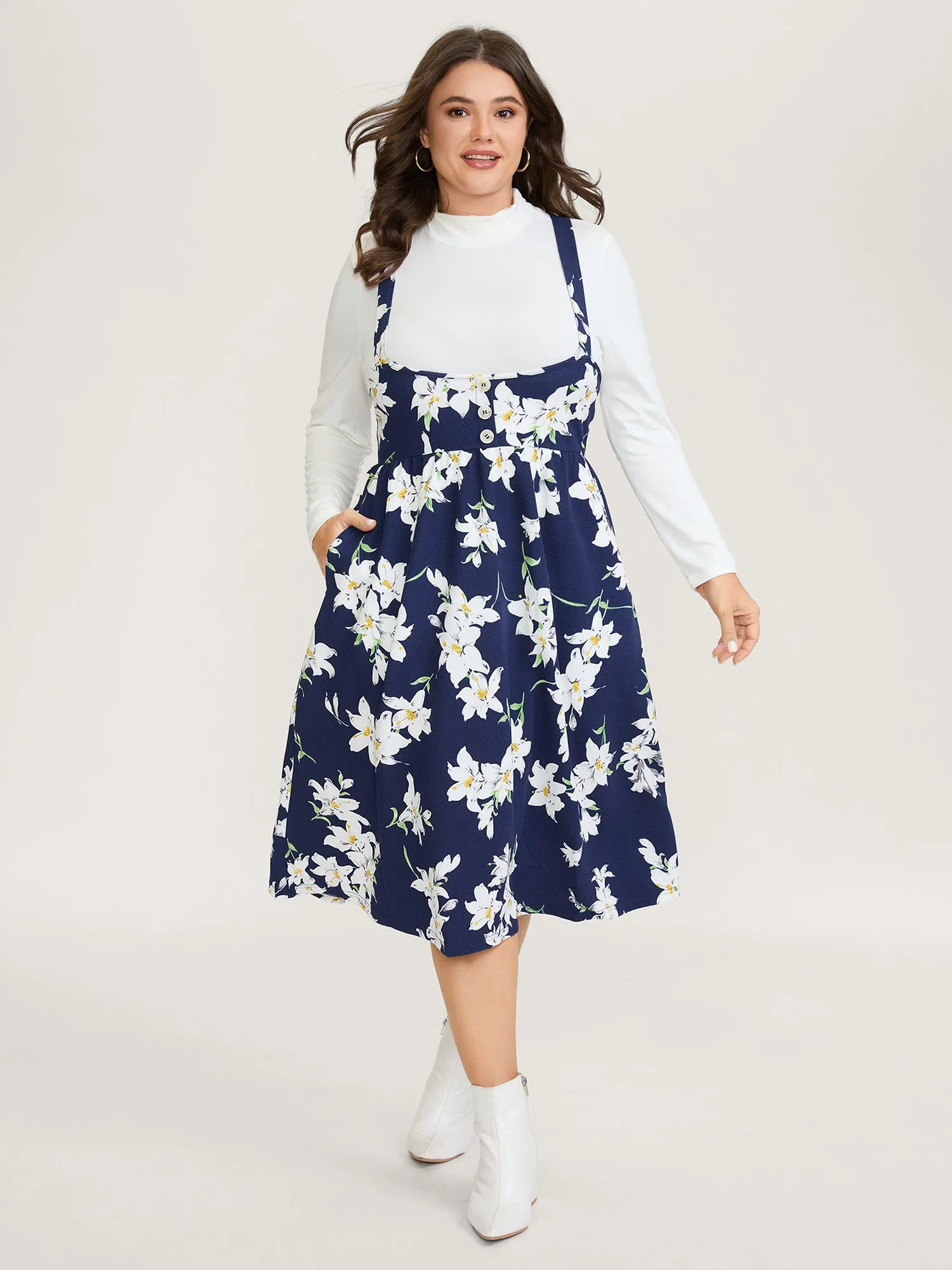 Floral Print Pockets Suspender Skirt Midi Dress sold by Bloomchic product image thumbnail 3