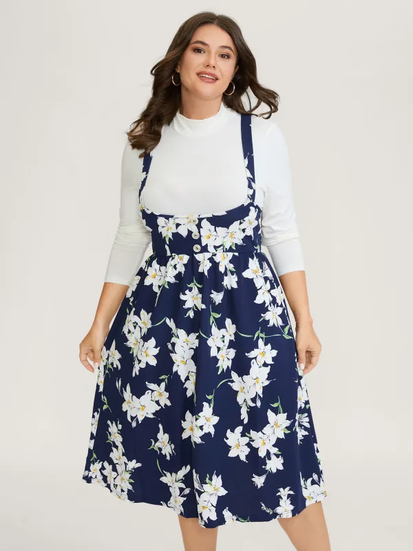 Floral Print Pockets Suspender Skirt Midi Dress sold by Bloomchic