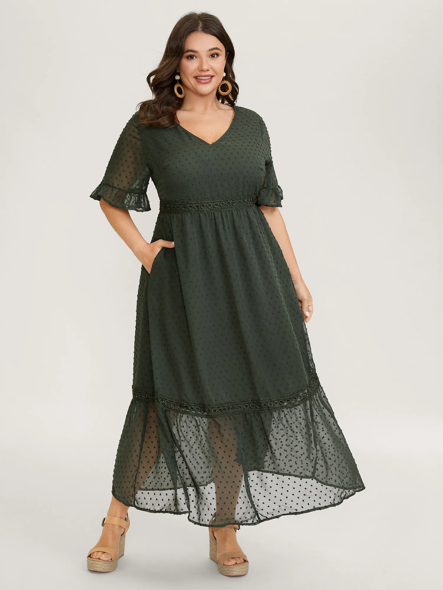 Textured Jacquard Lace Trim Ruffled Maxi Dress sold by Bloomchic