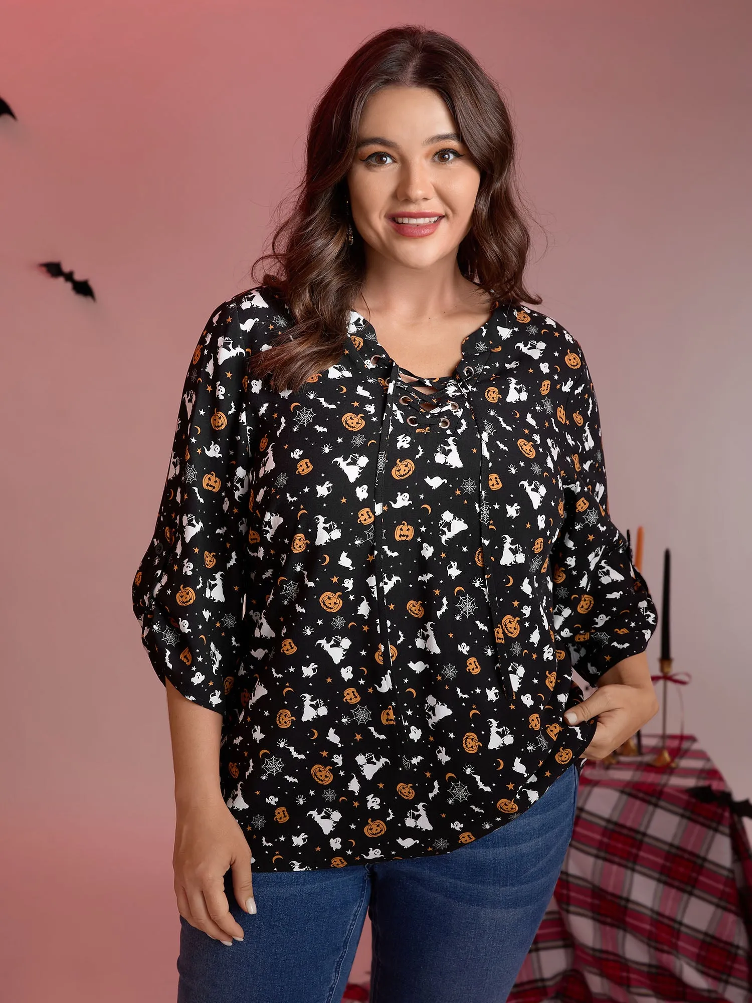 Rayon Halloween Print Neck Tie-Up Blouse sold by Bloomchic