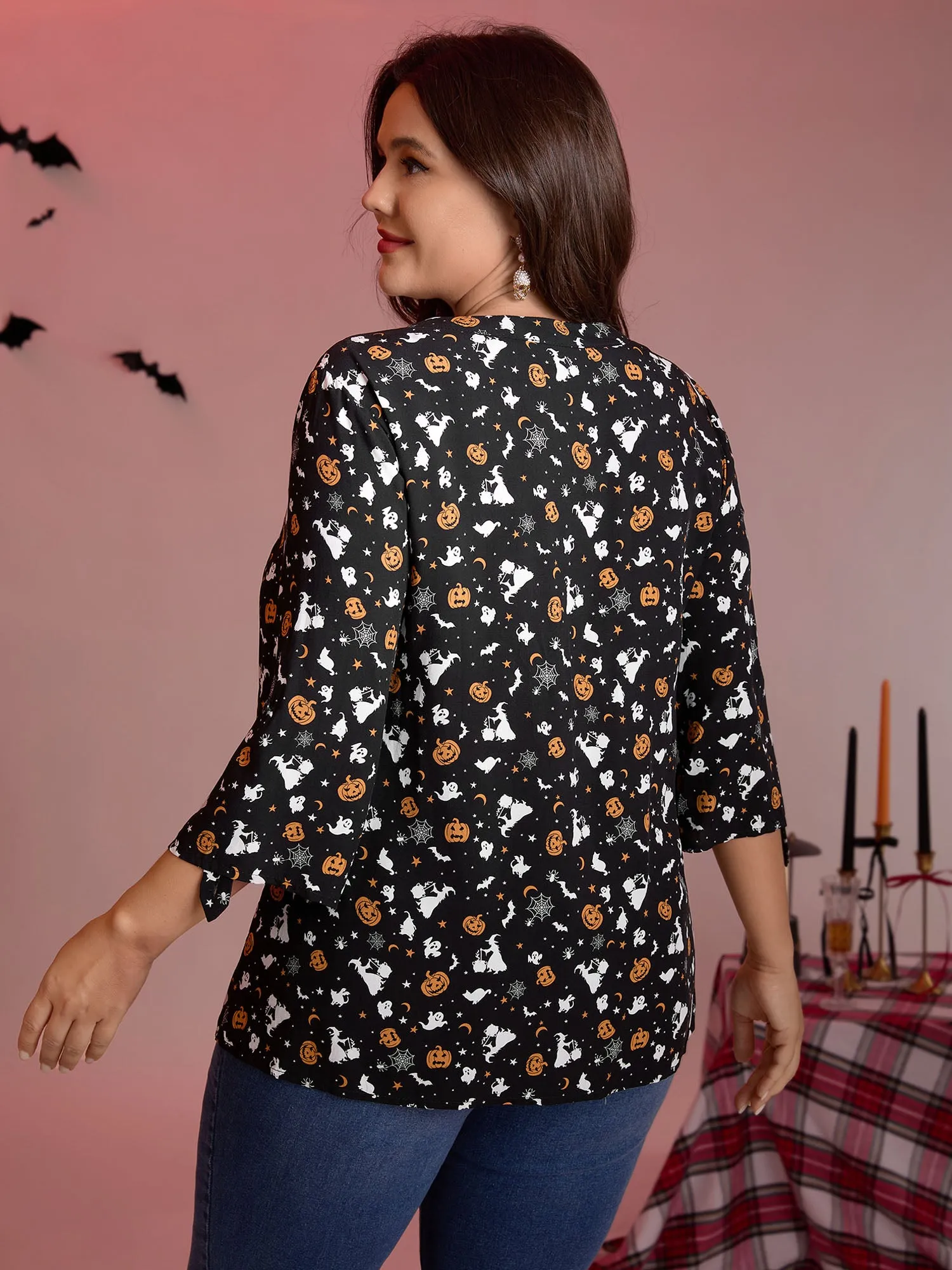 Rayon Halloween Print Neck Tie-Up Blouse sold by Bloomchic product image thumbnail 4
