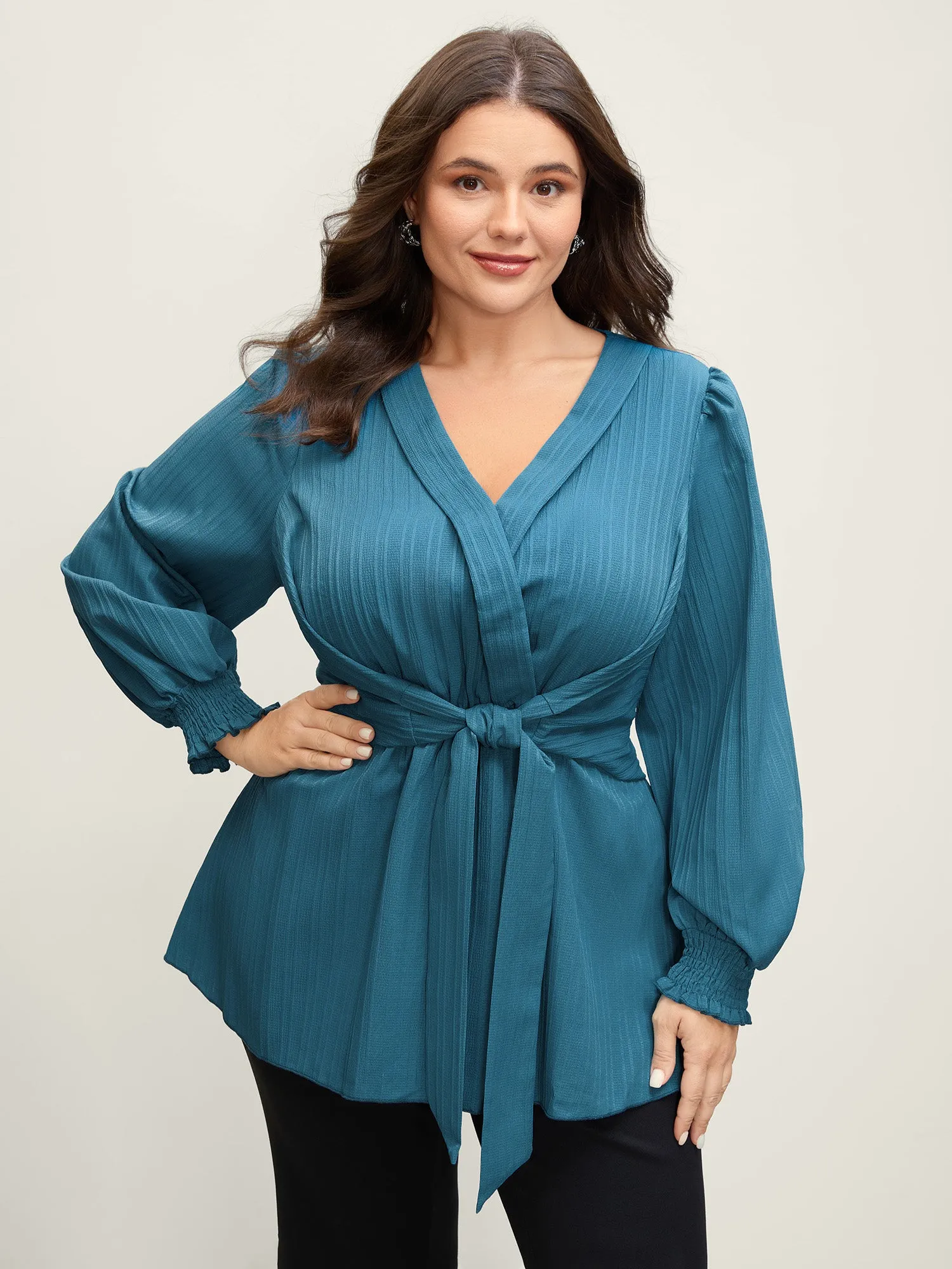 Textured Shirred Belted Cinched-Waist Blouse sold by Bloomchic