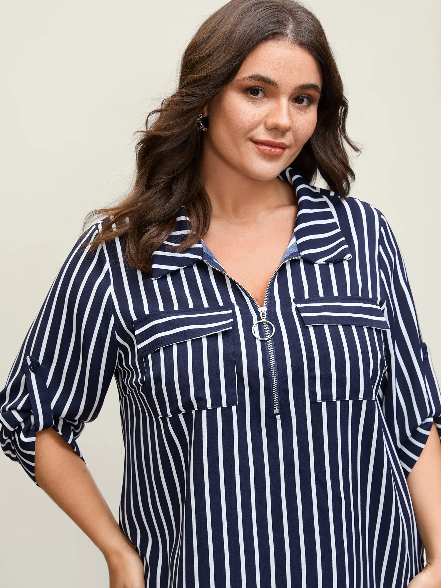 Stripe Print Zipper Folded Sleeve Blouse sold by Bloomchic product image thumbnail 2