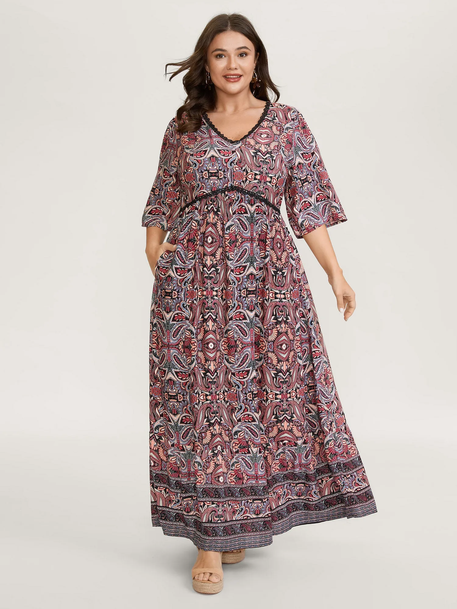 Paisley Print Lace Trim Pockets Maxi Dress sold by Bloomchic