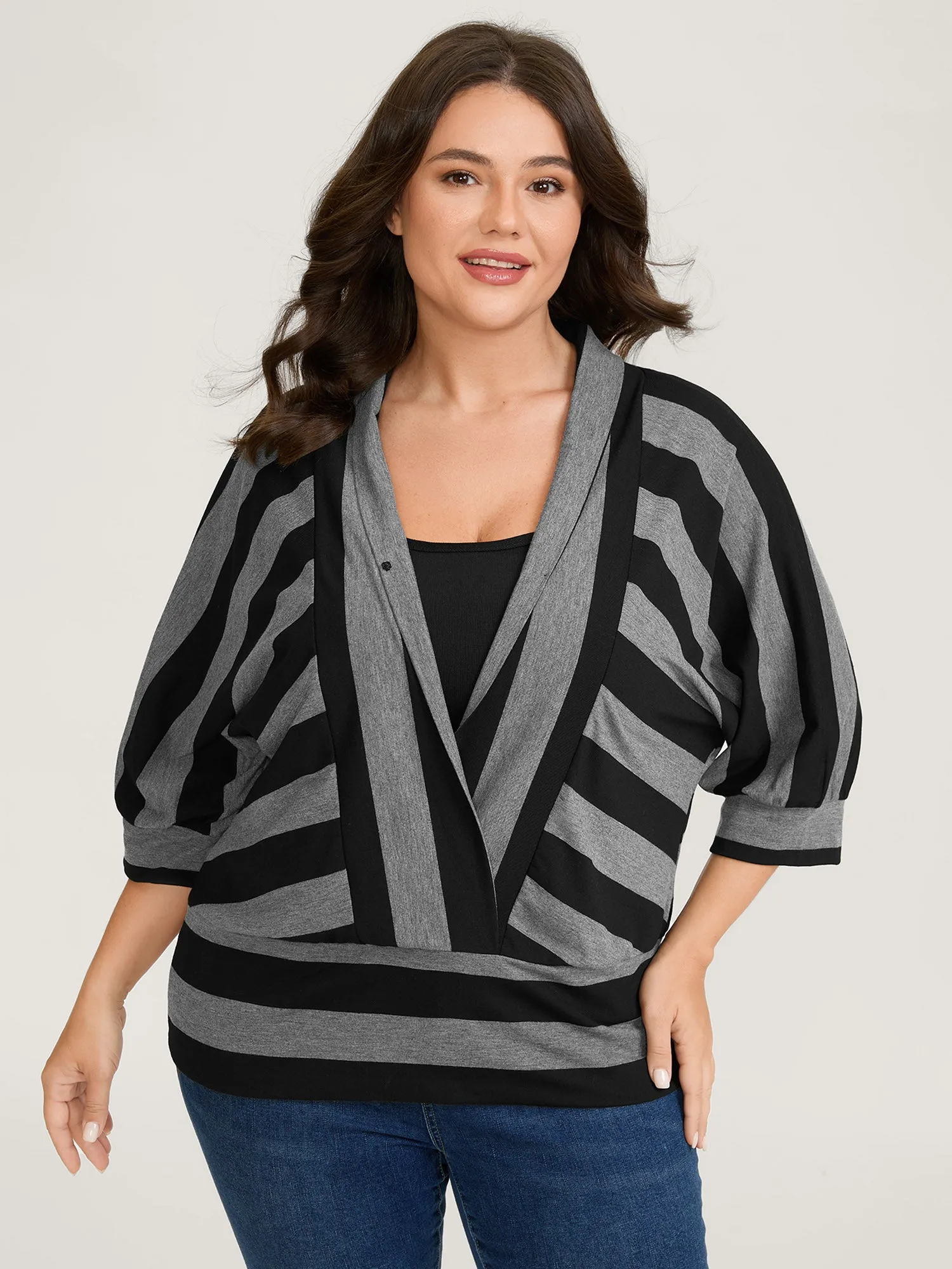 Supersoft Asymmetrical Stripes Collar T-Shirt sold by Bloomchic