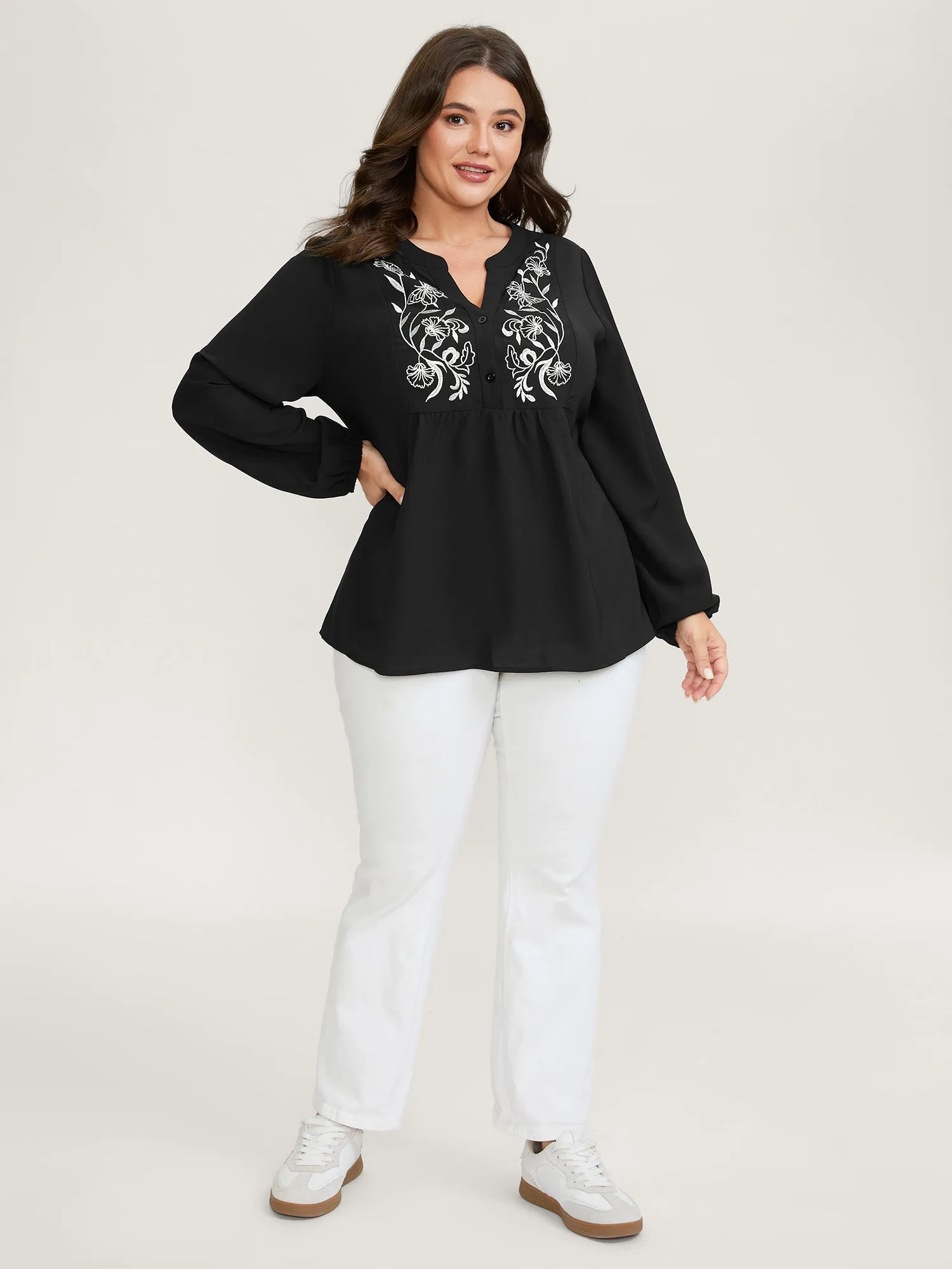 Color Contrast Embroidery Flared Blouse sold by Bloomchic product image thumbnail 3