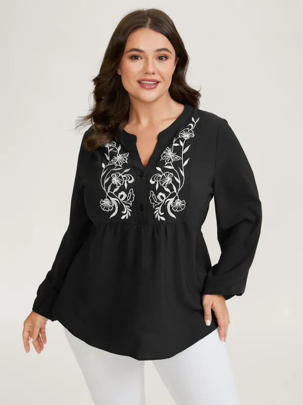 Color Contrast Embroidery Flared Blouse sold by Bloomchic