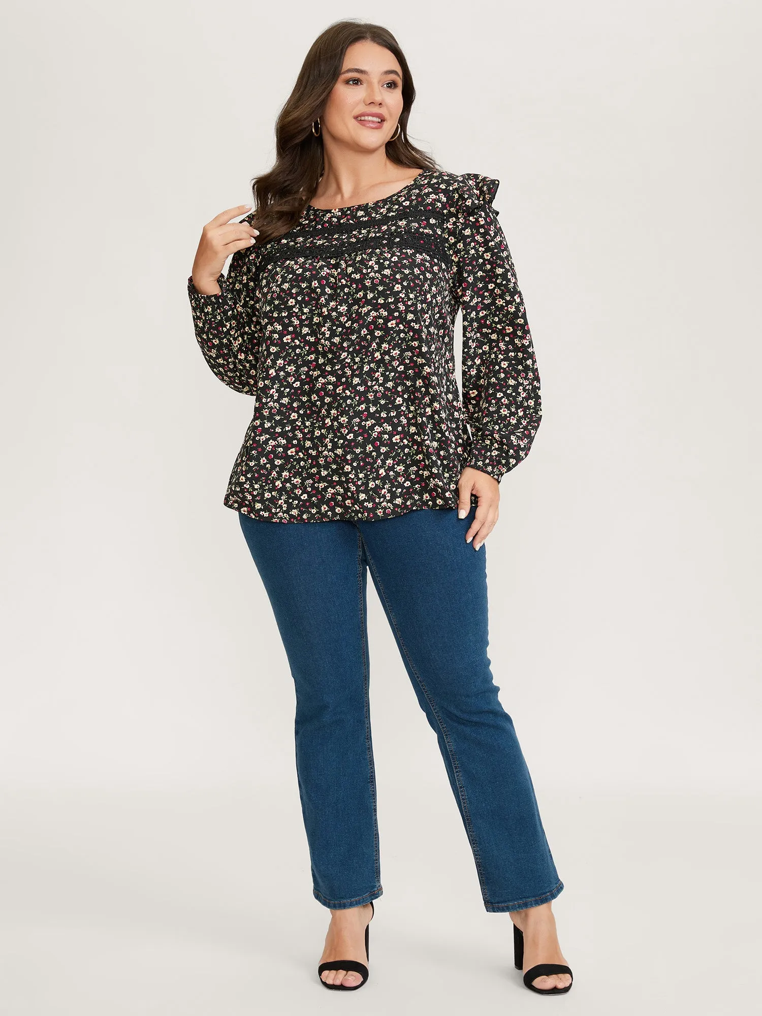 Floral Print Lace Trim Ruffled Blouse sold by Bloomchic product image thumbnail 3