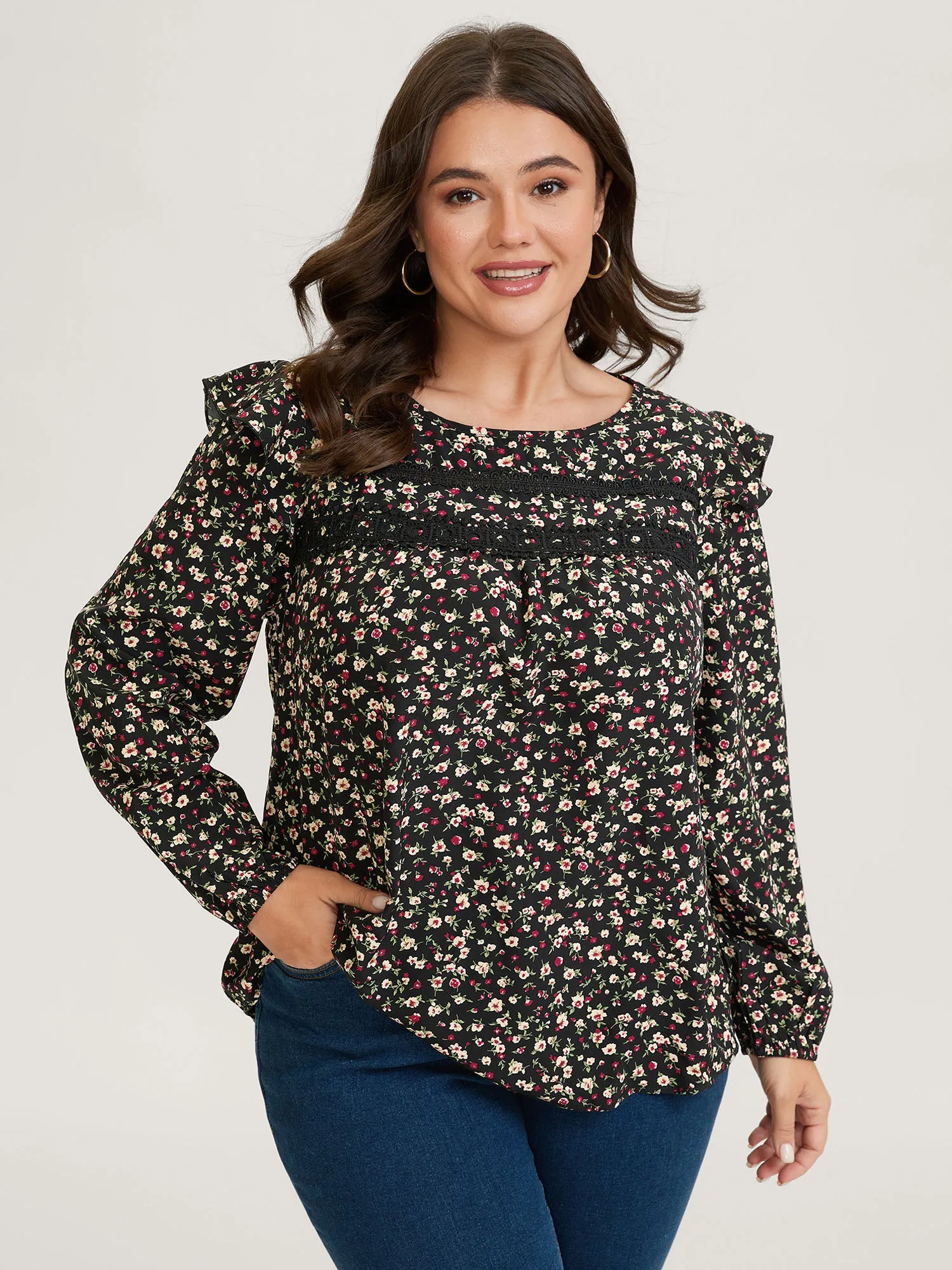 Floral Print Lace Trim Ruffled Blouse sold by Bloomchic