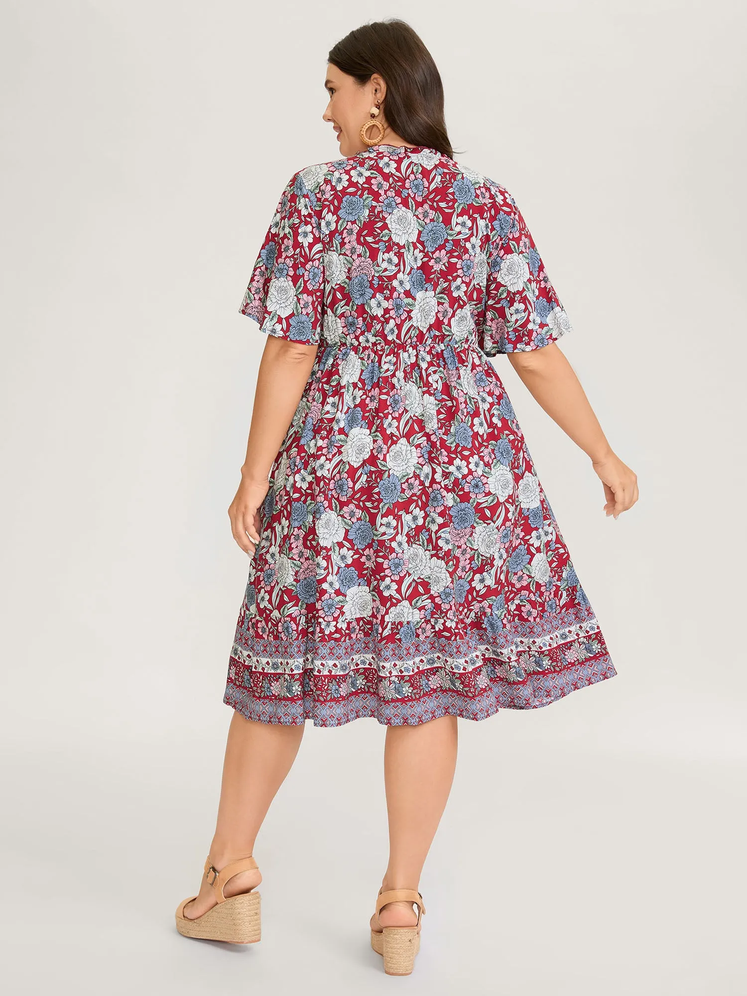 Floral Print Lace Trim Neck Tie Midi Dress sold by Bloomchic product image thumbnail 4