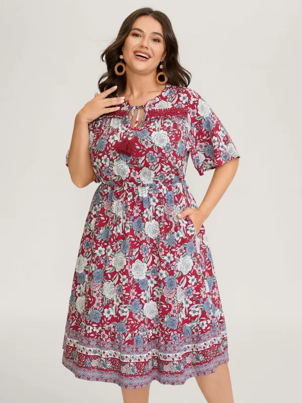 Floral Print Lace Trim Neck Tie Midi Dress sold by Bloomchic
