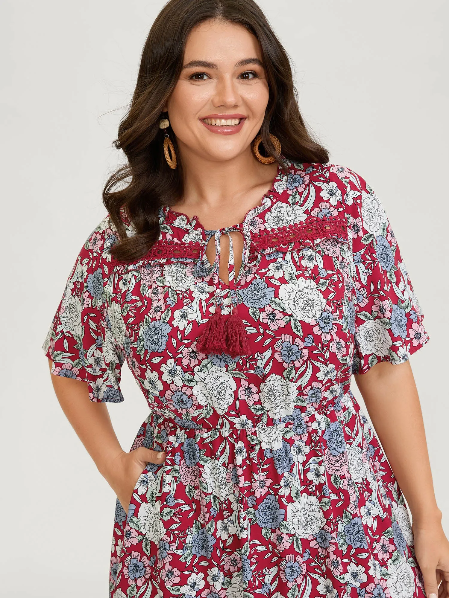 Floral Print Lace Trim Neck Tie Midi Dress sold by Bloomchic product image thumbnail 2