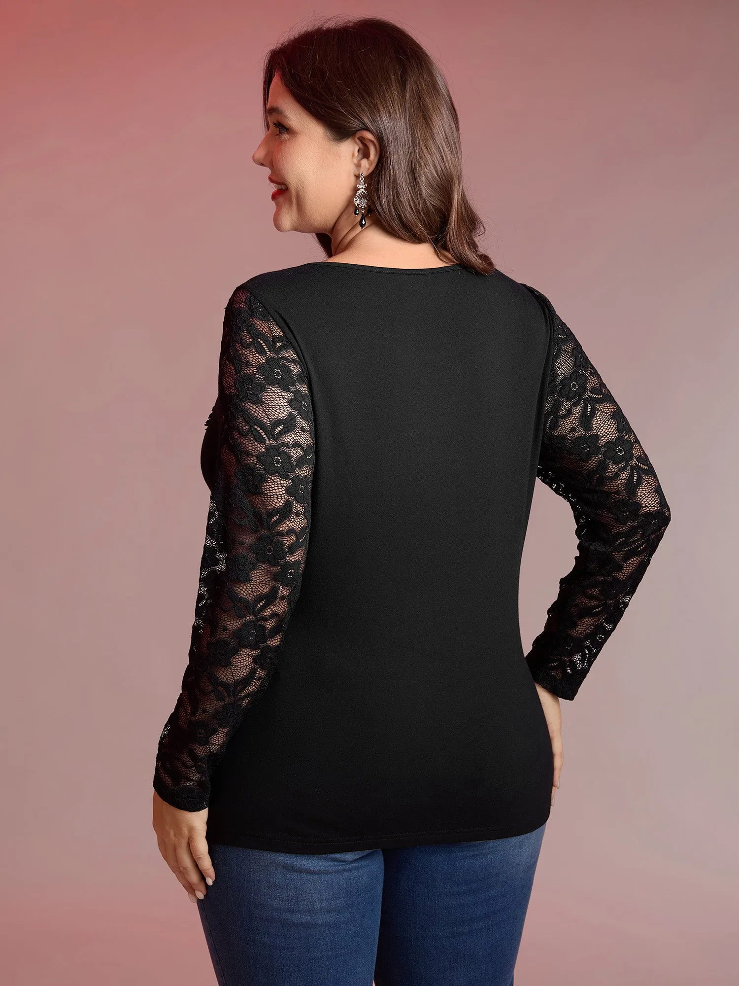 Sheer Lace Fitted Solid T-Shirt sold by Bloomchic product image thumbnail 4