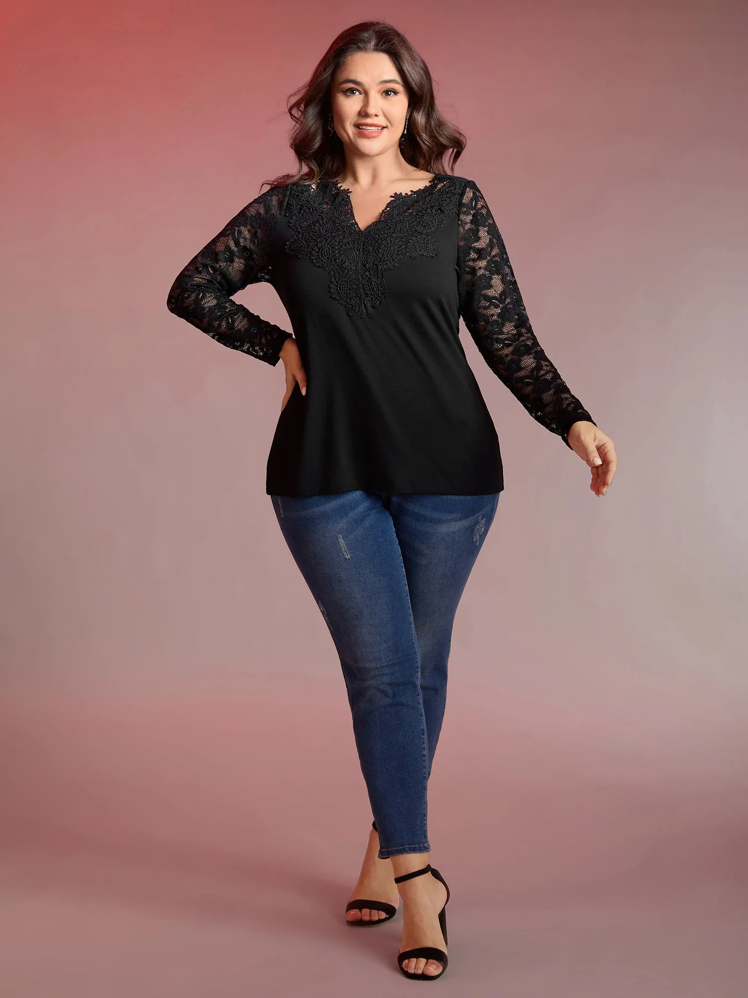 Sheer Lace Fitted Solid T-Shirt sold by Bloomchic product image thumbnail 3