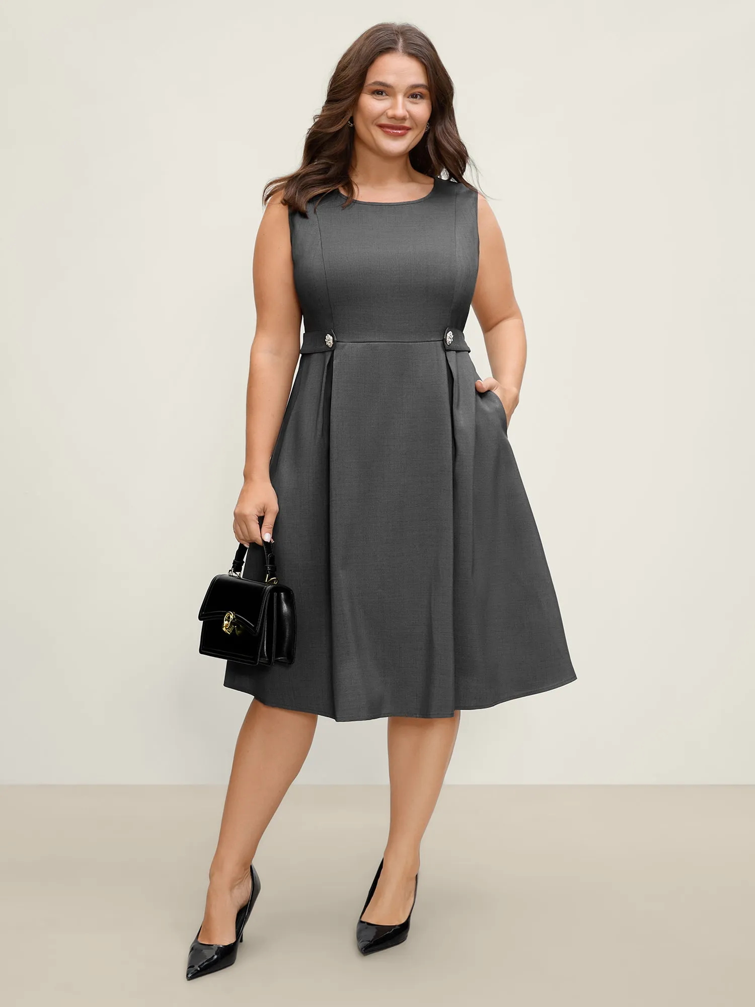 Inner Pleats Waist-Defining Buckle Midi Dress sold by Bloomchic product image thumbnail 3