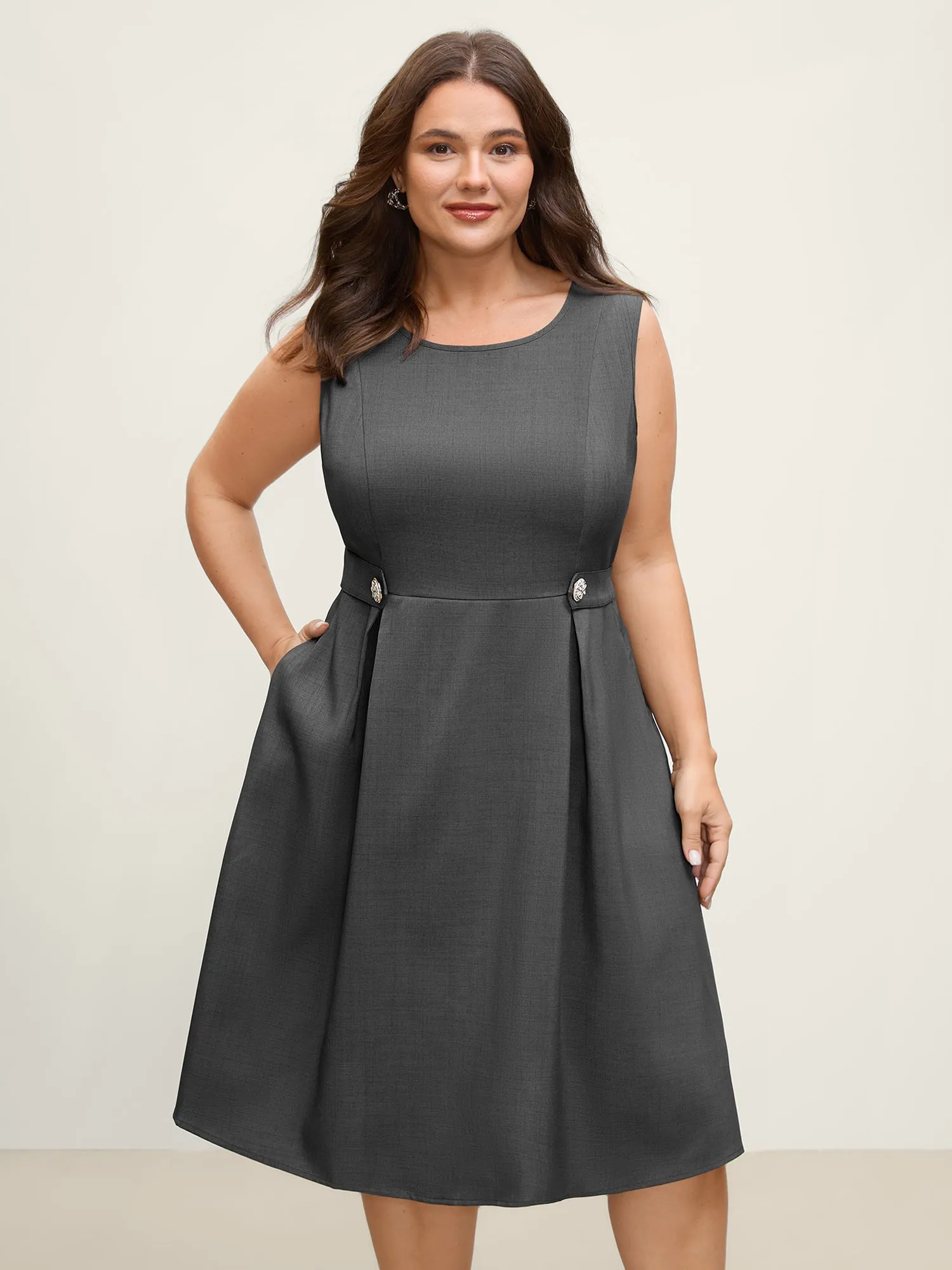 Inner Pleats Waist-Defining Buckle Midi Dress sold by Bloomchic