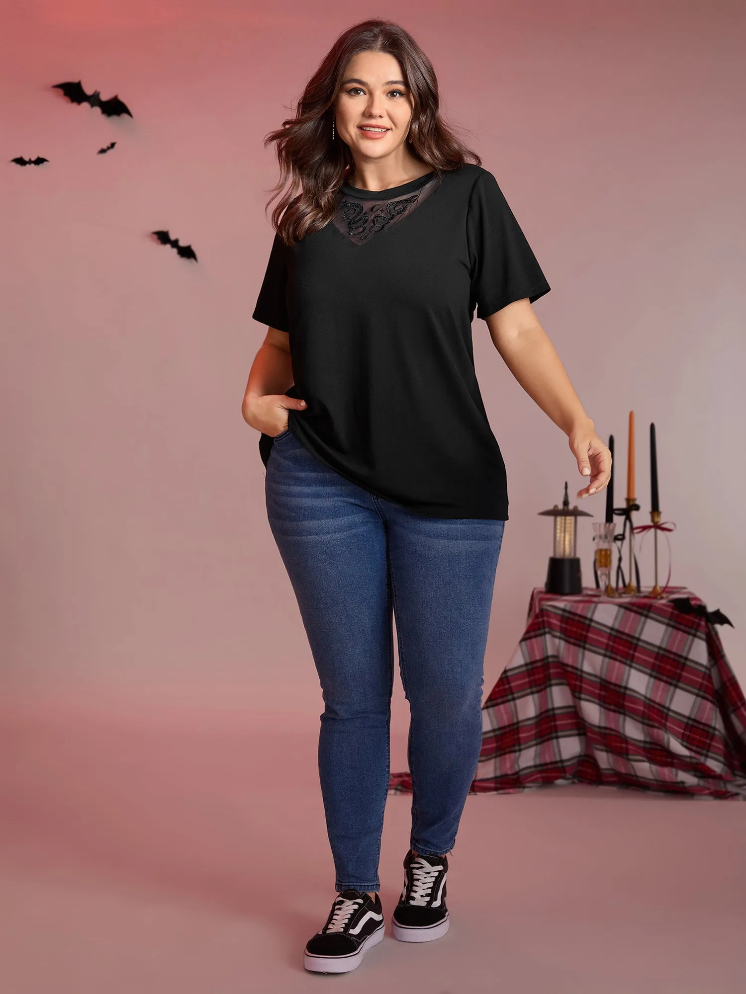 Stretch Embroidered Neckline Sheer T-Shirt sold by Bloomchic product image thumbnail 3