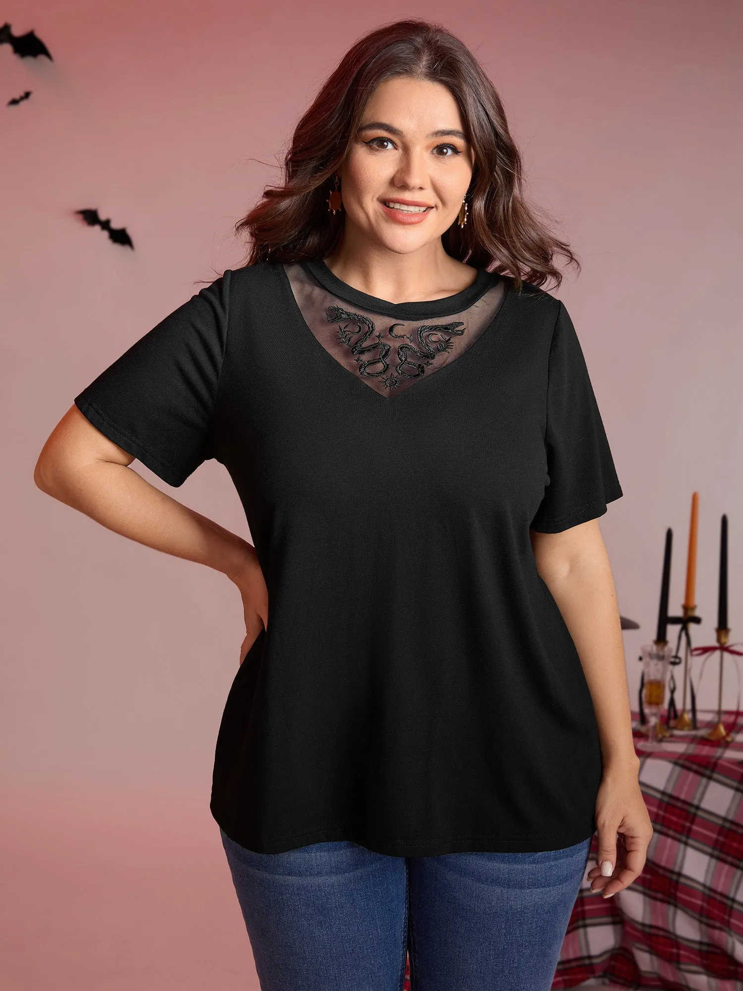 Stretch Embroidered Neckline Sheer T-Shirt sold by Bloomchic product image thumbnail 2