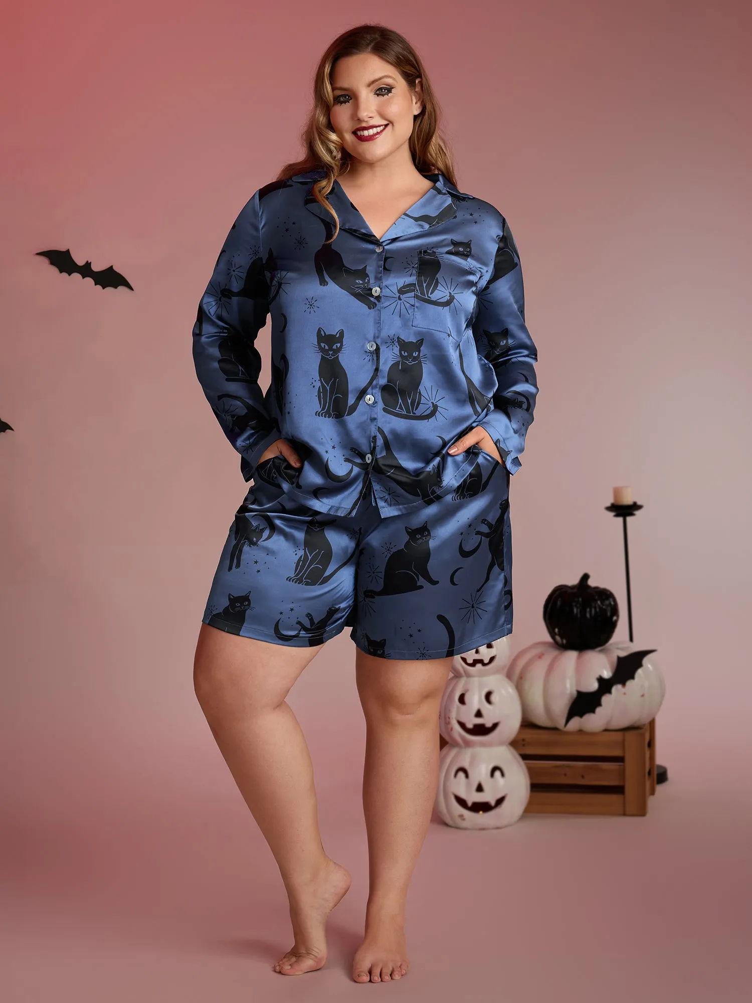 Cats Print Pockets Stretchy Co-ord Pajama Set sold by Bloomchic