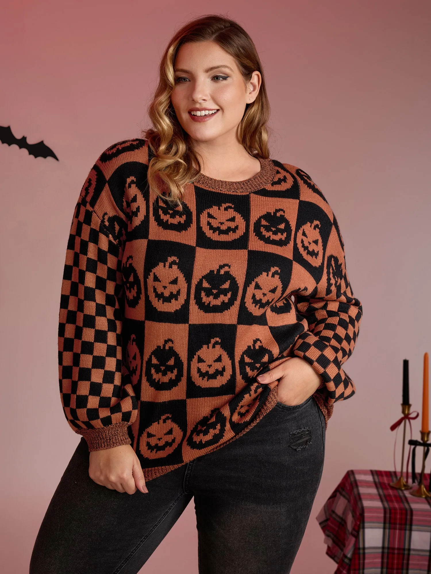 Creepy Pumpkins Jacquard Blended Yarn Pullover sold by Bloomchic