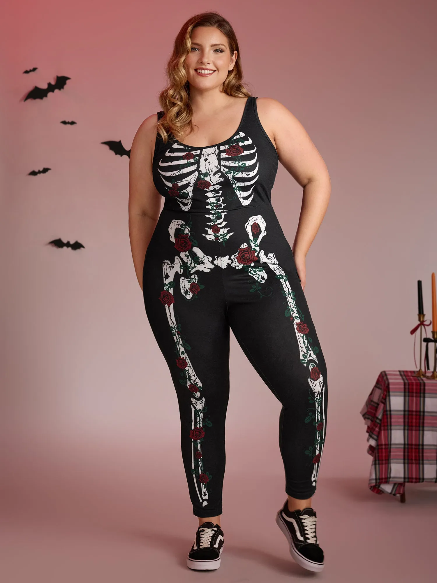 Skeleton Halloween Print Fitted Jumpsuit sold by Bloomchic