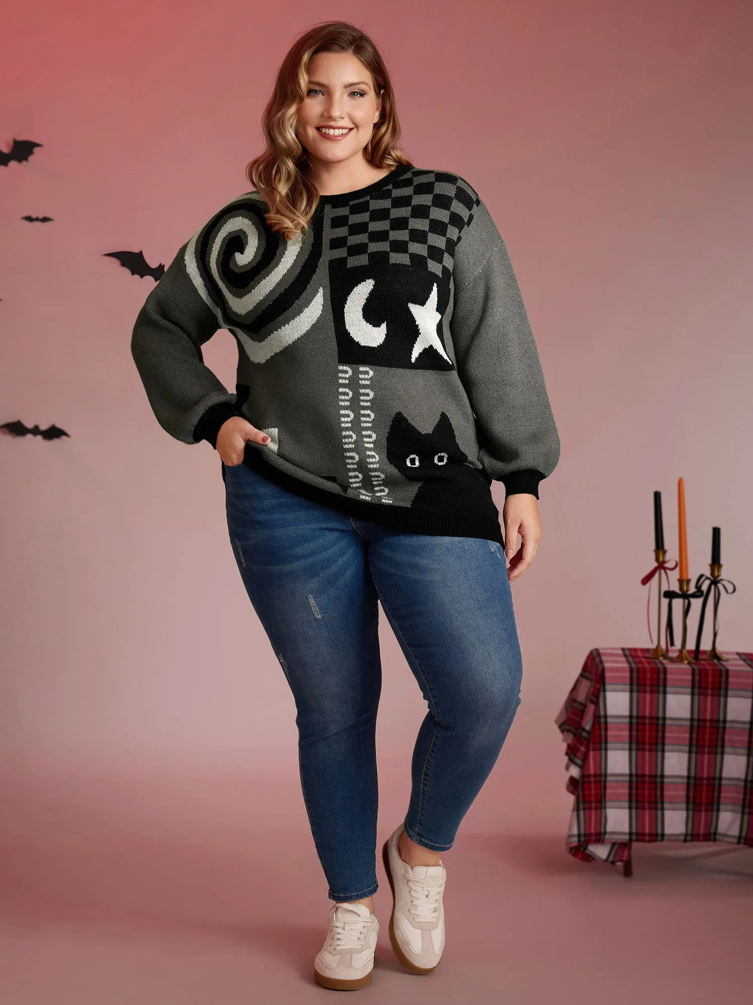 Halloween Cat Print Contrast Pullover sold by Bloomchic product image thumbnail 3
