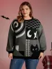 Halloween Cat Print Contrast Pullover sold by Bloomchic