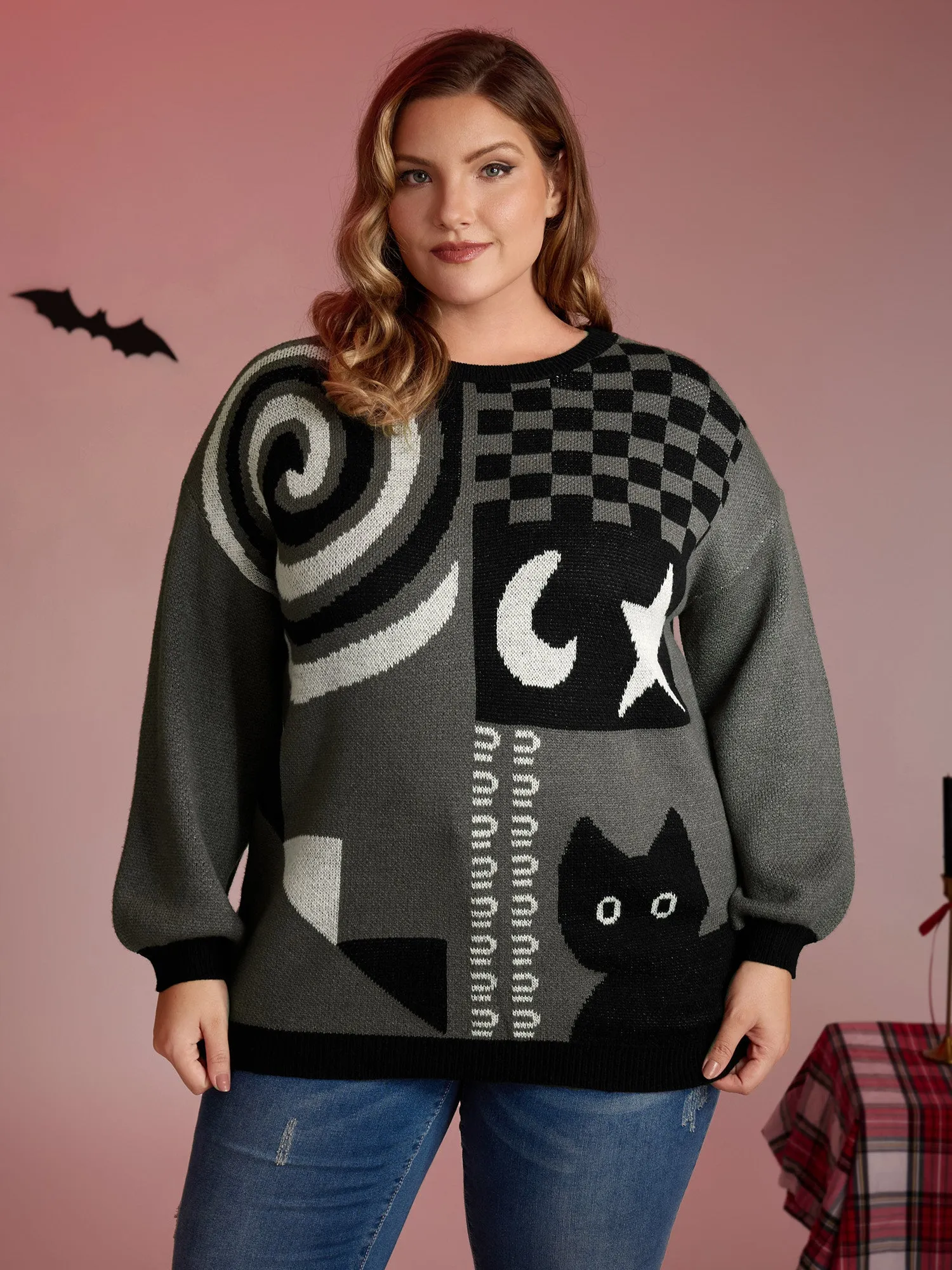Halloween Cat Print Contrast Pullover sold by Bloomchic product image thumbnail 2