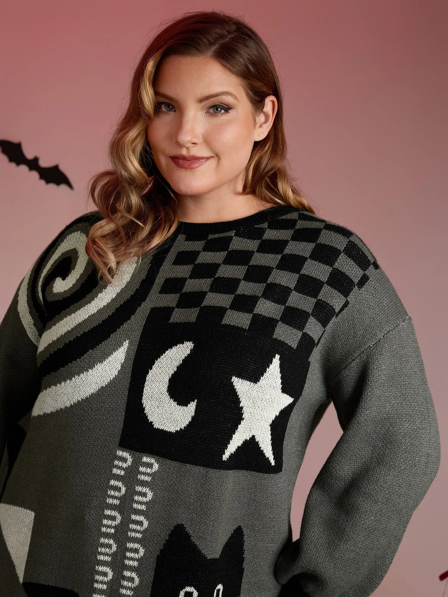 Halloween Cat Print Contrast Pullover sold by Bloomchic