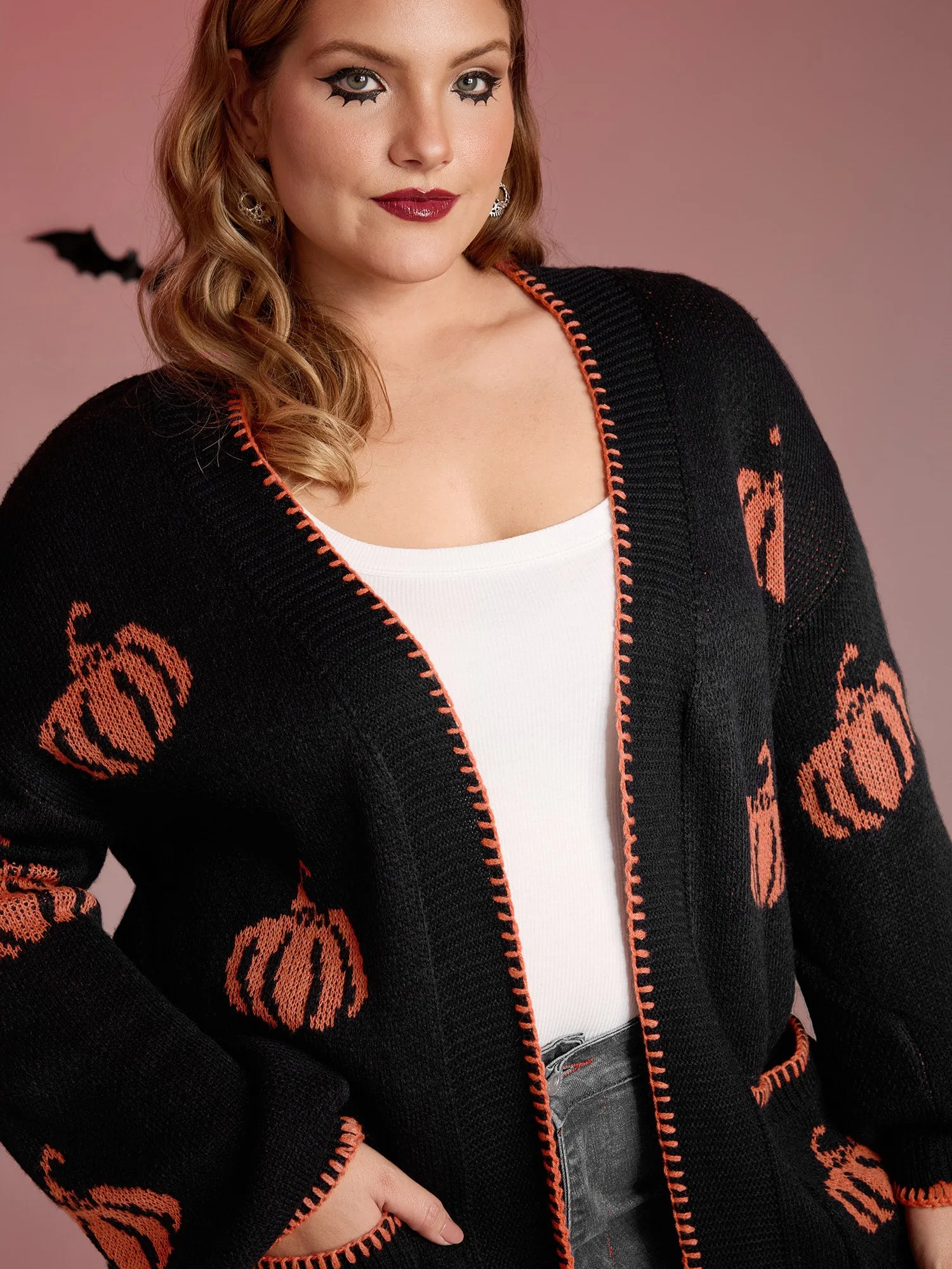 Halloween Pumpkin Print Contrast Knit Cardigan sold by Bloomchic product image thumbnail 2