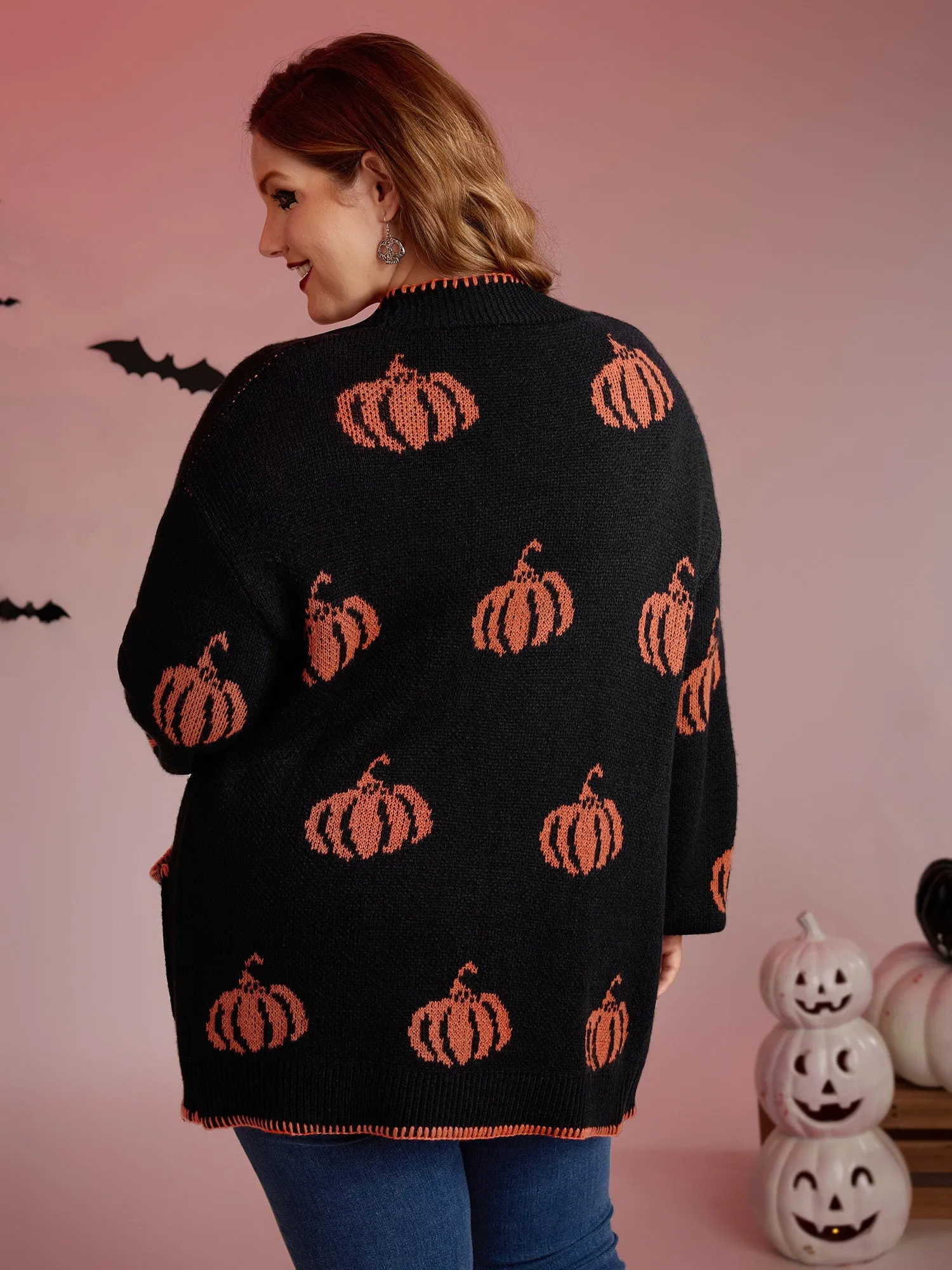Halloween Pumpkin Print Contrast Knit Cardigan sold by Bloomchic product image thumbnail 4