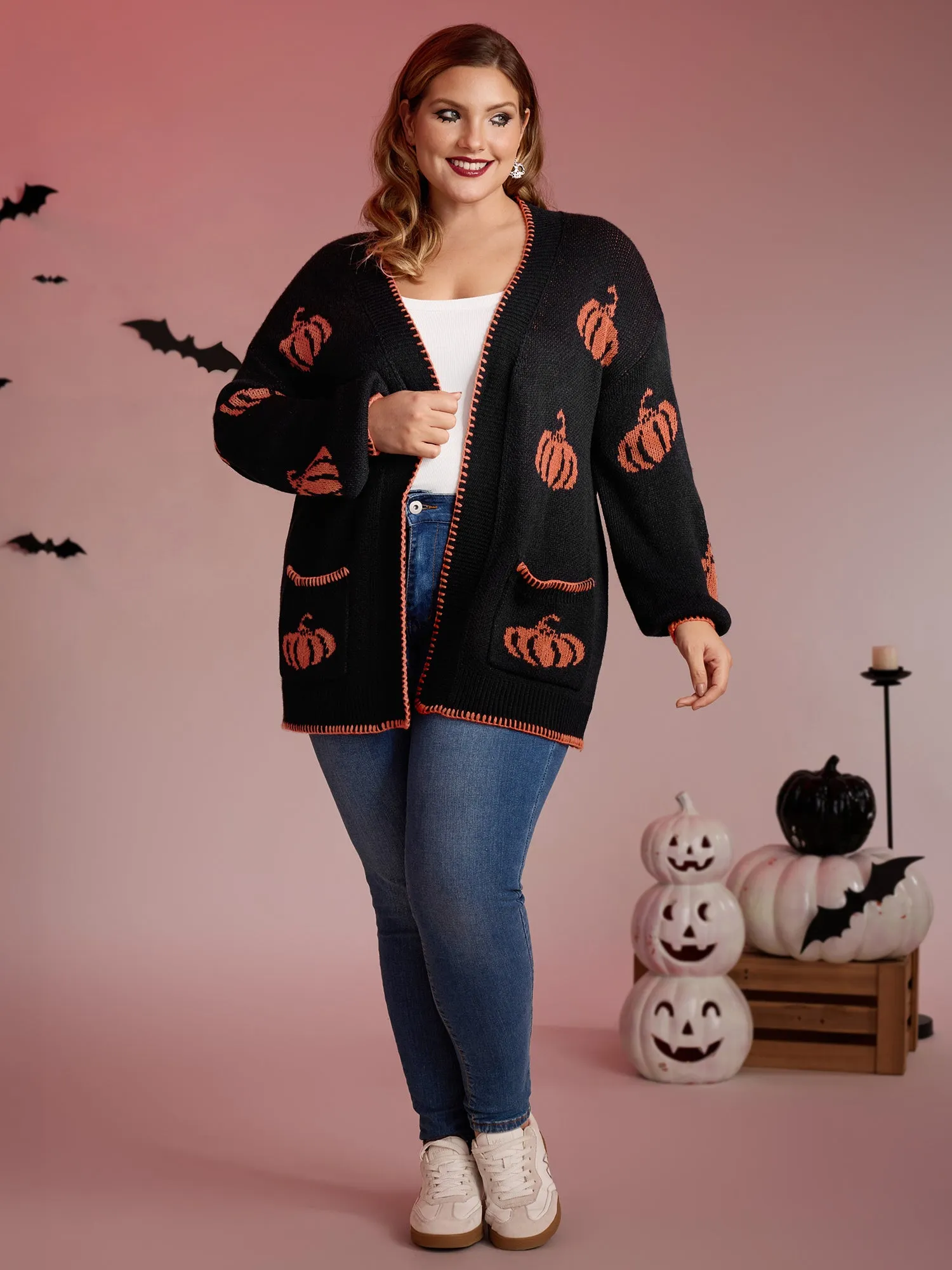 Halloween Pumpkin Print Contrast Knit Cardigan sold by Bloomchic product image thumbnail 3