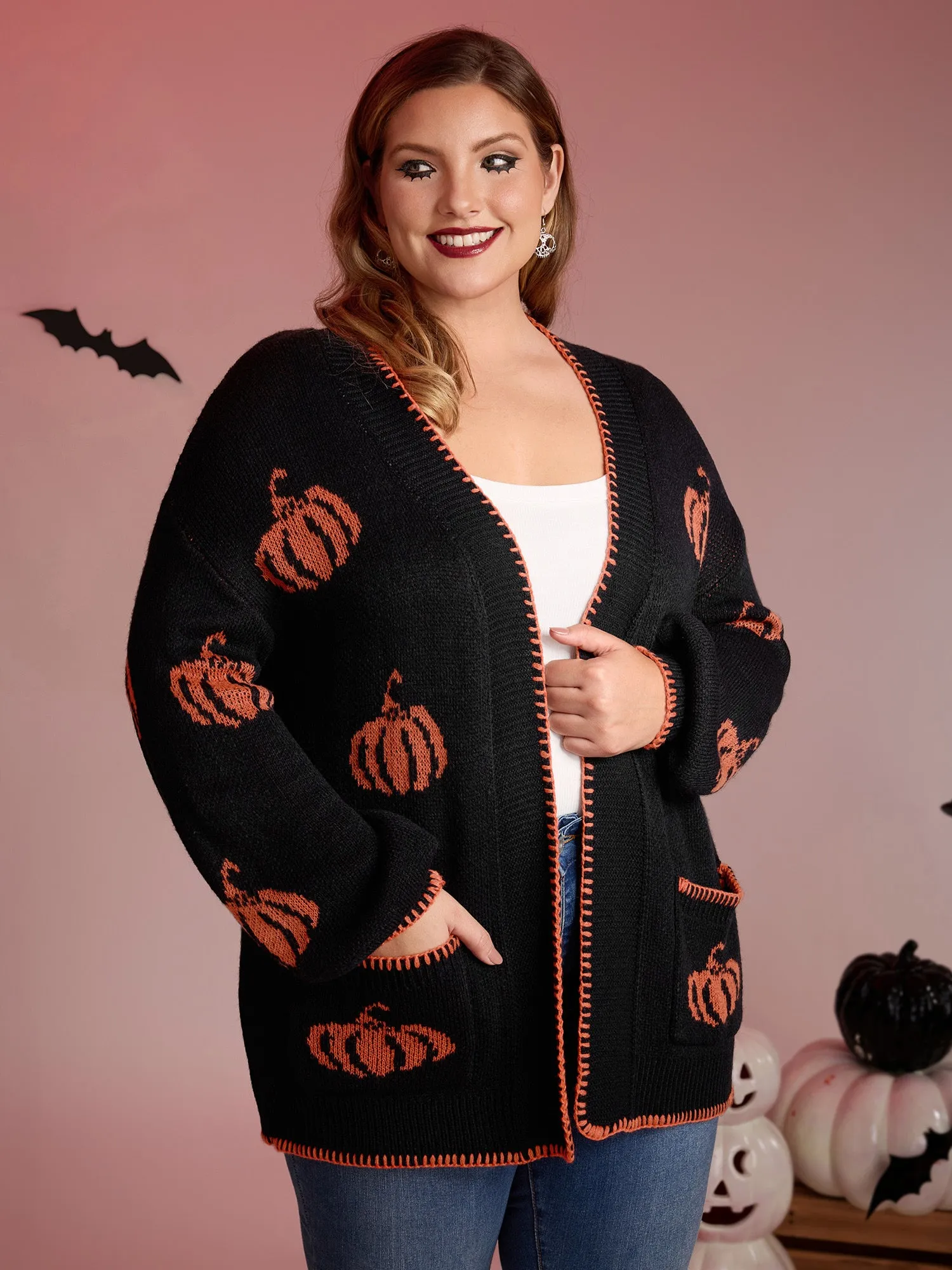 Halloween Pumpkin Print Contrast Knit Cardigan sold by Bloomchic